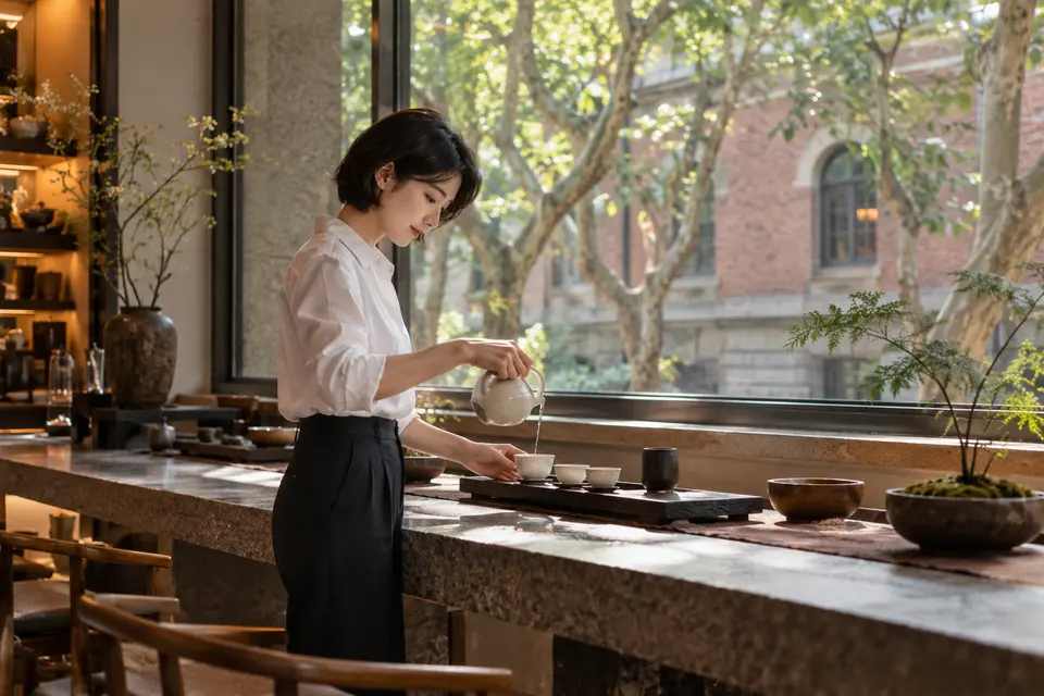 都市街区茶室内的倒茶场景，白瓷茶具